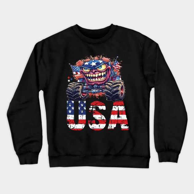 USA Monster Truck American Flag 4th July Men Boys Girls Race Crewneck Sweatshirt by Envision Styles